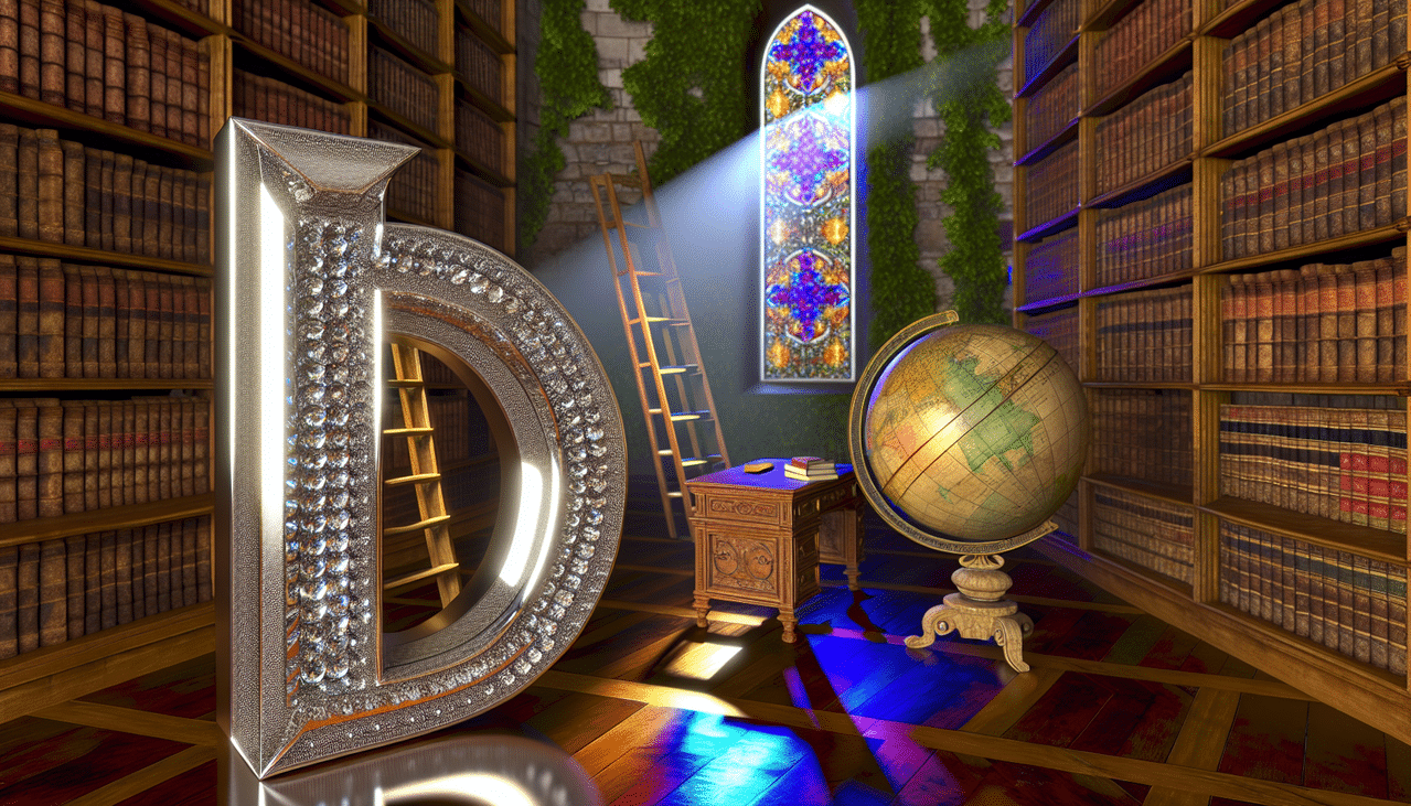 Metier en D dans une bibliothèque ancienne, avec une lettre D en diamant au centre, entourée de livres anciens en cuir et d'une échelle en bois vintage. Ivy grimpe sur les murs et la lumière du soleil illumine le sol en bois.